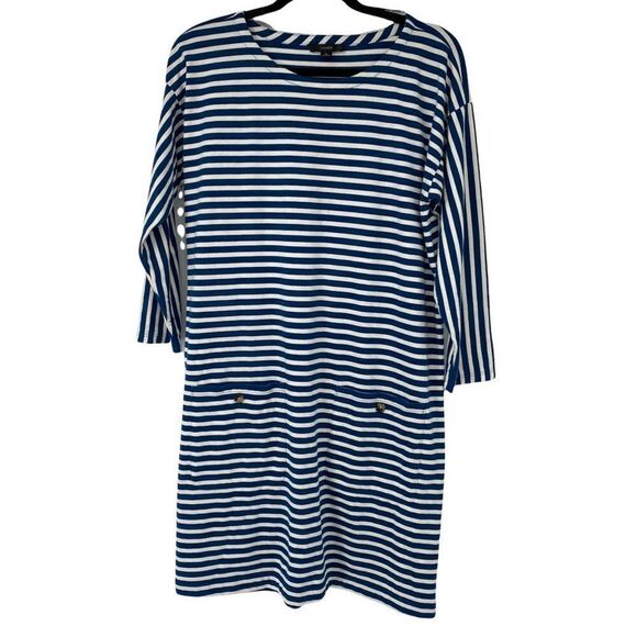 J. Crew Re-Imagined Teal White Striped‎ Long Sleeve Dress - Picture 1 of 7